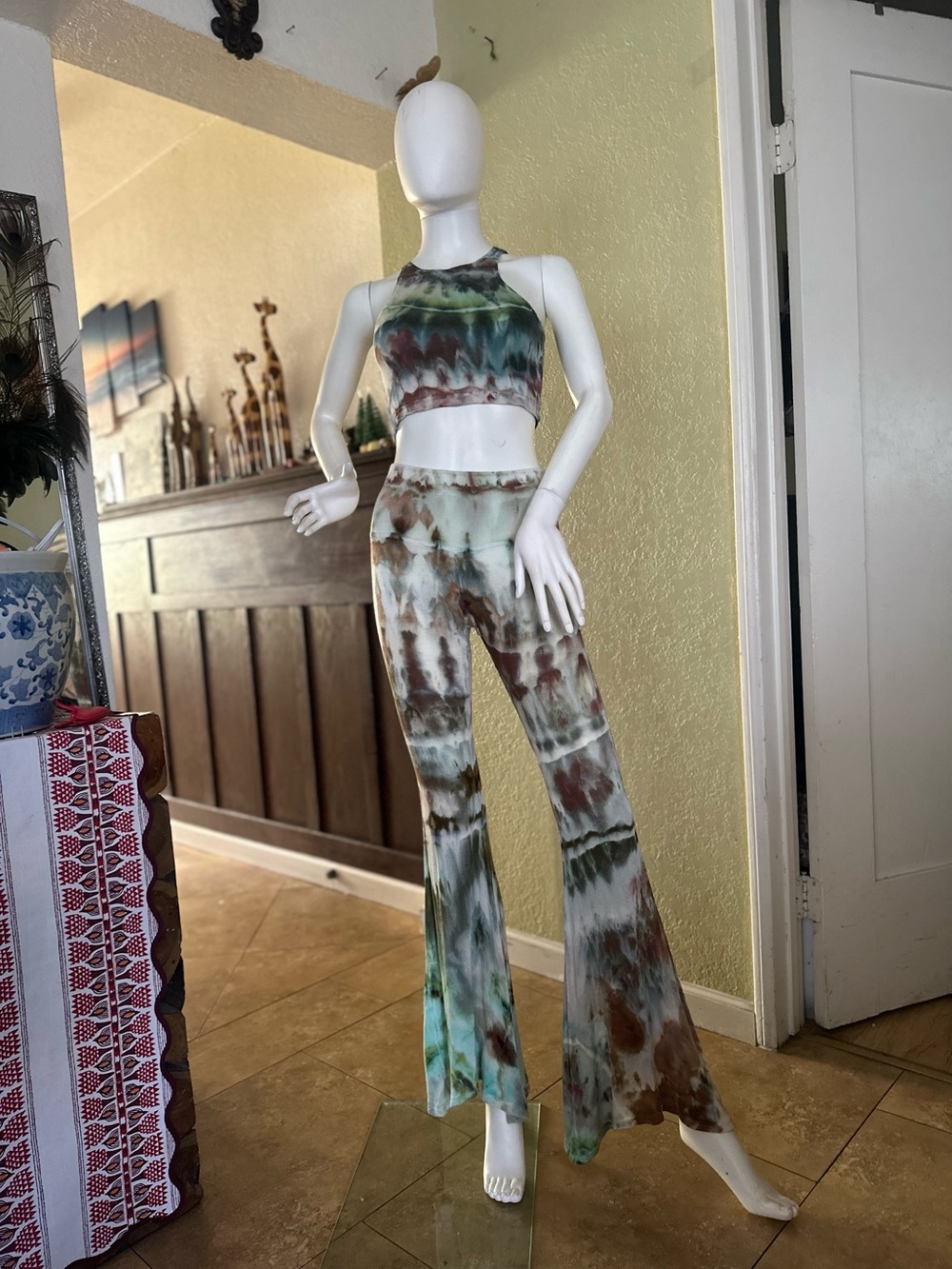 Tie-Dye High-Waist Flared Pants - Green Multi